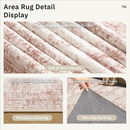 5x7 Area Rugs Pink Low Pile Indoor Washable Trendy Faded Style Rugs for Bedroom Living Room Dining Room Foldable Non-Slip Thin Print Mat