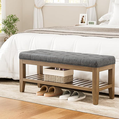 End of Bed Storage Bench, 42.9" Entryway Shoe Bench with Solid Wood Shelf, Upholstered Ottoman with Padded Seat for Bedroom, Hallway and Lining Room, Dark Gray