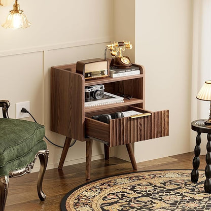 Huuger Nightstand with Charging Station, USB-C Port, Fluted Night Stand Set of 2, Bed Side Table with Drawer, Solid Wood Feet, Open Storage, End Table with Raised Edge, for Bedroom, Walnut