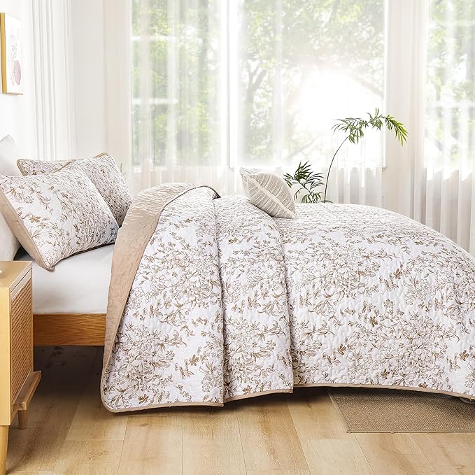 WONGS BEDDING California King Quilt Sets, Brown Quilt Bedding Set with 2 Pillowcases, Botanical Quilt for Cal King Bed, Soft Microfiber Lightweight Coverlet Bedspread for All Season (112"×96")