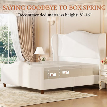 koorlian King Size Bed Frame Chenille Fully Upholstered Bed with Headboard and Footboard, 51" High Tufted Wingback Sleigh Upholstered Platform Bed, Modern Retro Minimalist Style, Easy Assembly, Cream