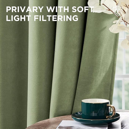 Joydeco Coconut Green Velvet Curtains 90 Inches 2 Panels, Luxury Thermal Insulated Soft Green Curtains for Bedroom & Living Room, Room Darkening Velvet Drapes, Rod Pocket (52W x 90L)