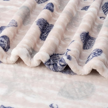 Berkshire Blanket-Classic Heavyweight Soft Printed VelvetLoft® Plush Blanket, Full/Queen Size Soft Fuzzy Warm Blanket for Couch Sofa Bed, Classic Shells Navy, 90in x 90in