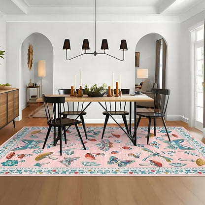 Mushroom Insect 8x10 Area Rugs, Washable Rugs for Living Room Non Slip Stain Resistant Low Pile Modern Butterfly Carpet for Bedroom Dining Room Nursery Playroom Office, Pink