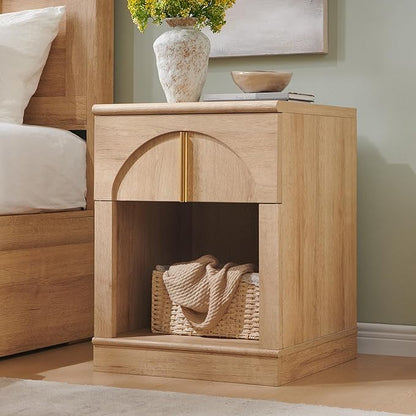 ACCOHOHO Modern Night Stand Set 2 with Arched Panel,18" Wooden nightstand with Charging Station,Bedside Table with Drawer Storage,Side End Table with Open Shelf for Bedroom,Living Room,Natural Oak