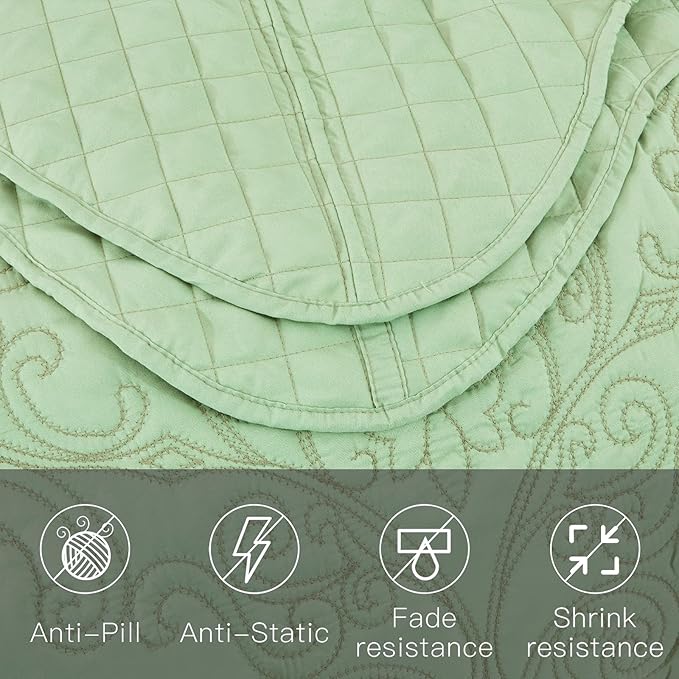 CHIXIN Bedspread Coverlet Set Queen Size - Lightweight Bedding Cover - Beautiful Stitching - 5 Piece Reversible Bedspread - Luxury Damask Paisley Pattern (Queen, Peak Green)
