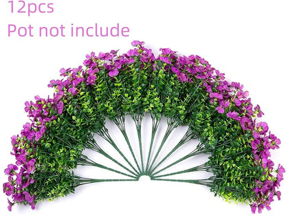 HyeFlora Artificial Flowers for Outdoor Indoor Garden Home Decoration, Faux Flower Daisy with Eucalyptus Leaves Fake Plants Greenery Boxwood Porch Patio, 12 Bundles (Purple)