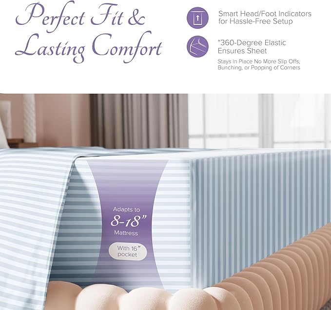Carressa Linen Luxury Egyptian Cotton California King Stripe Sheet Set, 600 Thread Count Extra Long Staple 4 PC Set, Cal King Stripe Sheets, Soft, Cooling Striped Sheets 16 in Deep Pocket - Light Blue