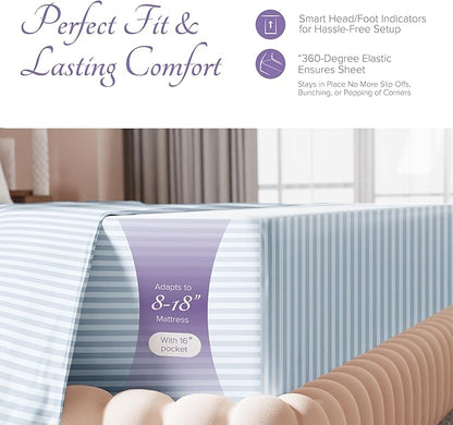 Carressa Linen Luxury Egyptian Cotton King Stripe Sheet Set, 600 Thread Count Extra Long Staple 4 PC Set, King Damask Sheet, Soft, Cooling Sateen Weave Striped Sheets Upto 18" Deep Pocket - Light Blue