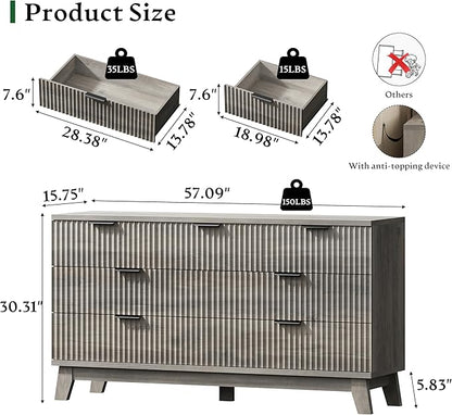 Fluted Dresser with 7 Drawers, 58" Wide Modern Chest of Drawers with Metal Handle, Wooden Dresser TV Stand, Wood Closet Clothes Storage Organizer for Bedroom, Living Room, Hallway, Light Grey
