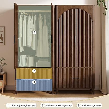70.1" Arched Wooden Armoire Wardrobe Closet with 2 Doors and 2 Drawers, Fluted Bedroom Armoire with Hanging Rod Shelf, Clothing Storage Cabinet, Wardrobe Armoire Closet Cabinet for Bedroom