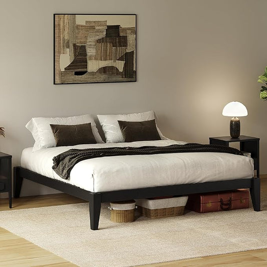 Bed Frame - Solid Wood Platform Bed - Japanese Joinery Bed Frame - Wood Slat Support - No Box Spring Needed - Easy Assembly - Minimalist & Modern Style (Midnight Charcoal, Queen)