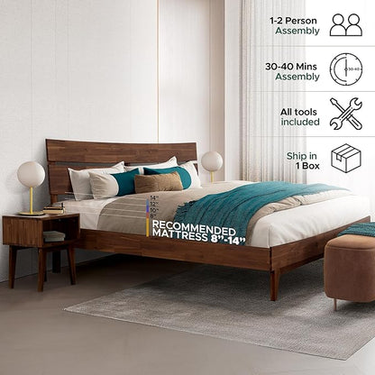 Acacia Aurora King Solid Wood Bed Frame with Headboard – Gift Matching Nightstand Included, Mid-Century Modern Farmhouse, Walnut Finish, 800 lbs Capacity, Sturdy, No Box Spring, Easy Assembly