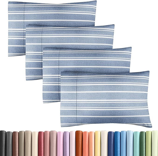Queen Pillow Cases Set of 4 - Ultra Soft Hotel Quality Pillowcase Covers - Comfy, Cozy & Wrinkle Free - Shrinkage and Fade Resistant - Machine Washable Pillow Protectors - 4 Piece Set - Blue Stripes 3