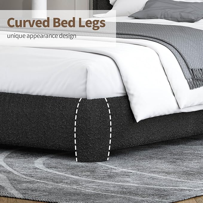 BarnFurin Full Size Bed Frame, Boucle Upholstered Platform Bed Frame with Headboard, Modern Style, Soft Rounded Corners, No Box Spring Required, Easy Assembly, Black