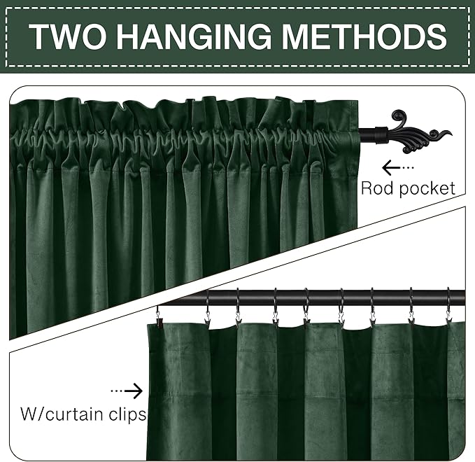StangH Dark Green Velvet Curtains - Bedroom Privacy Blackout Window Curtains Rod Pocket Thermal Insulated Green Curtain Panels for Sliding Door/Foyers, W52 x L96, 2 Panels