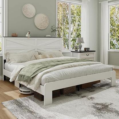 King Size Farmhouse Wooden Bed Frame with Headboard, Boho Platform Bedframe Sturdy Metal Slats Support, Spring Needed, Noisy Free, Easy Assembly (King, White)
