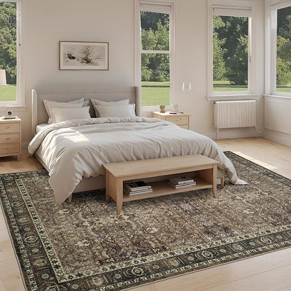 5x7 Vintage Washable Area Rug for Living Room,Low Pile Non Slip Carpet Non-Shedding Area Rug Soft Indoor Stain Resistant Rug Floral Print Mat for Bedroom Dining Room Brown Floral