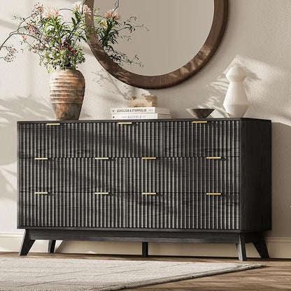 54'' Wide 7 Drawers Dresser for Bedroom,Modern Fluted Vertical Chest with Rounded Corners,Fluted Dresser for Living Room,Hallway, Black