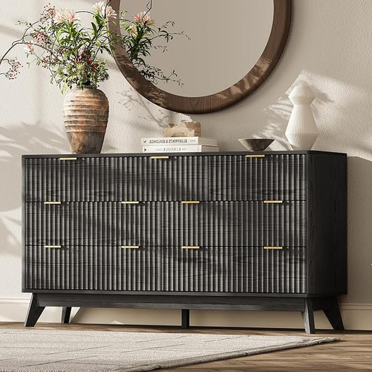 54'' Wide 7 Drawers Dresser for Bedroom,Modern Fluted Vertical Chest with Rounded Corners,Fluted Dresser for Living Room,Hallway, Black