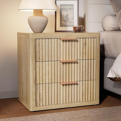 Night Stand with 3 Drawers, 23" Wide Modern Nightstand with Large Storage, Fluted Bed Side Table with Metal Handle, End Table Tall Nightstand for Bedroom, Living Room, Office, Nature