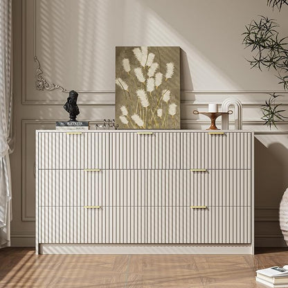 Beige 7 Drawer Dresser for Bedroom, 55.9" Wide Modern Fluted Dresser with Gold Metal Handles, Wide Chest of Drawers for Bedroom, Living Room, Entryway, Hallway