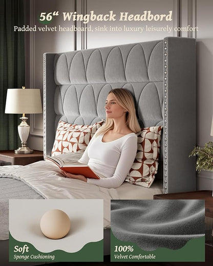King Size Bed Frame with 56" Headboard - Velvet Upholstered Wingback Platform Bed Frame, Noise Free, Sturdy Wooden Slat Support (Deep Gray, King)