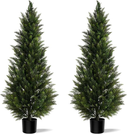 Outdoor Artificial Cedar Topiary Tree, Faux Evergreen Shrubs for Front Porch Decor, Lifelike Fake Bushes Plants for Home Living Room Front Door Decor (2, 5ft)