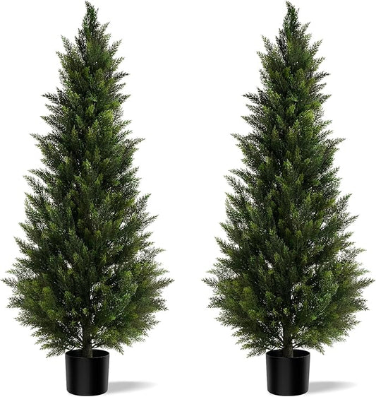 Outdoor Artificial Cedar Topiary Tree, Faux Evergreen Shrubs for Front Porch Decor, Lifelike Fake Bushes Plants for Home Living Room Front Door Decor (2, 5ft)