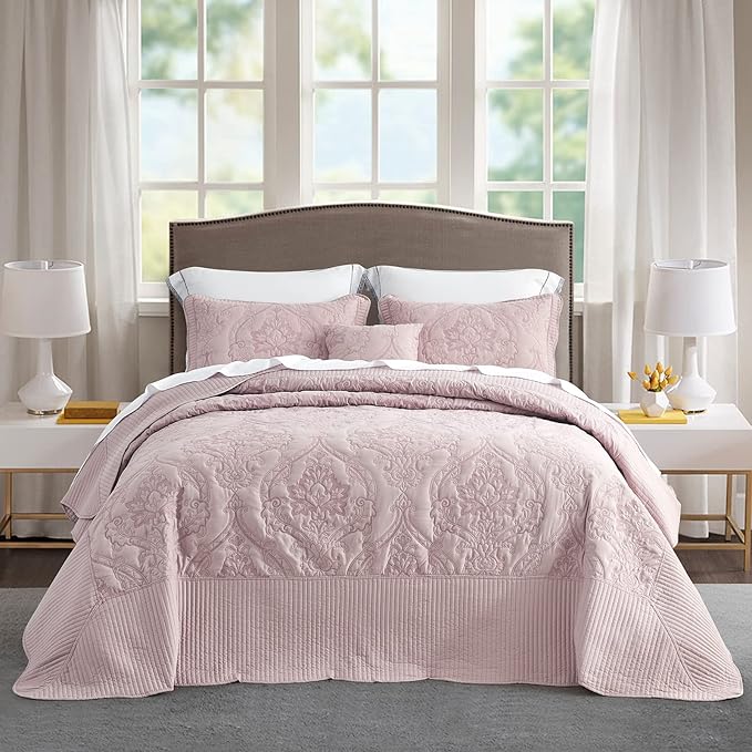 CHIXIN Bedspread Coverlet Set Queen Size - Lightweight Bedding Cover - Beautiful Stitching - 5 Piece Reversible Bedspread - Gorgeous Damask Paisley Pattern (Queen, Pale Rose)