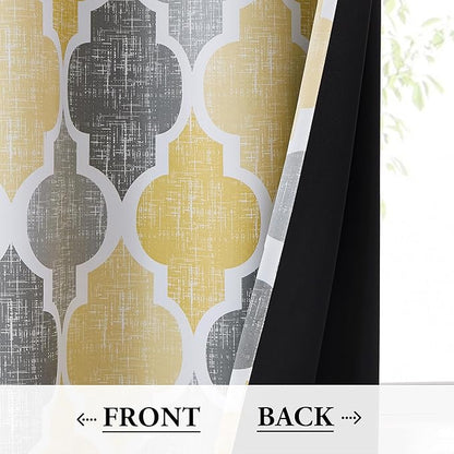 Beauoop 100% Blackout Curtains 63 Inches Long 2 Panels for Bedroom Living Room Yellow Grey Moroccan Geo Room Darkening Thermal Insulated Soundproof Grommet Top Window Treatments Drapes, 50x63 Set of 2