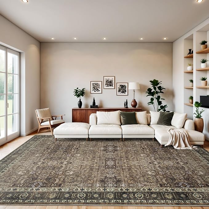 5x7 Vintage Washable Area Rug for Living Room,Low Pile Non Slip Carpet Non-Shedding Area Rug Soft Indoor Stain Resistant Rug Floral Print Mat for Bedroom Dining Room Brown Floral