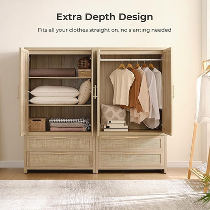 SICOTAS Armoire Wardrobe Closet, Larger Rattan Armoires Wardrobe Cabinet with 2 Large Drawers & Hanging Rod, Tall Closet Storage Cabinet for Cloak Room, Bedroom, Light Oak (3 PCS)