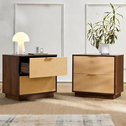 Saint Mossi Rattan Nightstands Set of 2 - Boho Bed Side Tables with 2 Storage Drawers, Mid Century Modern Sofa End Tables for Living Room, Walnut Finish with Golden Handle, W23xD15xH21