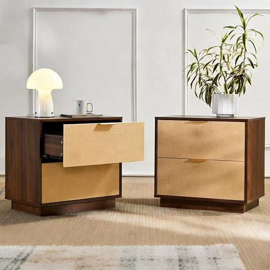 Saint Mossi Rattan Nightstands Set of 2 - Boho Bed Side Tables with 2 Storage Drawers, Mid Century Modern Sofa End Tables for Living Room, Walnut Finish with Golden Handle, W23xD15xH21