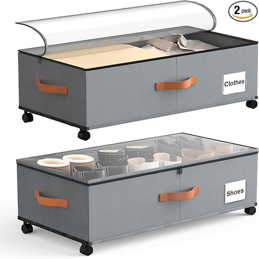 Under Bed Storage Containers with Wheels, 9.5 inches Higher Underbed Shoes Blankets Clothes Toy Storage Drawers for College Dorms Bedrooms Nursery Rooms Organization, 2 Pack to be Assembled