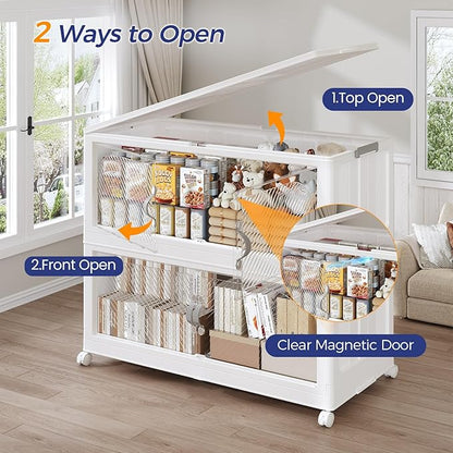 360QT Plastic Stackable Storage Bins with Lid, 90GAL Extra Large Collapsible Box with Wheels Clear Door, Foldable Closet Organizer Container Cabinet Drawer for Home Kitchen，3Pack, White