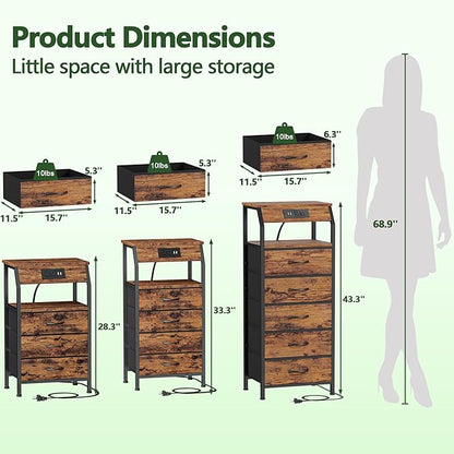 Furnulem 5 Drawers Dresser with Charging Station, Tall Night Stand with Storage Shelf, Fabric Chest of Drawers, Bedside Table for Closet, Entryway, Bedroom Furniture, 3 Ways to Use, Rustic Brown
