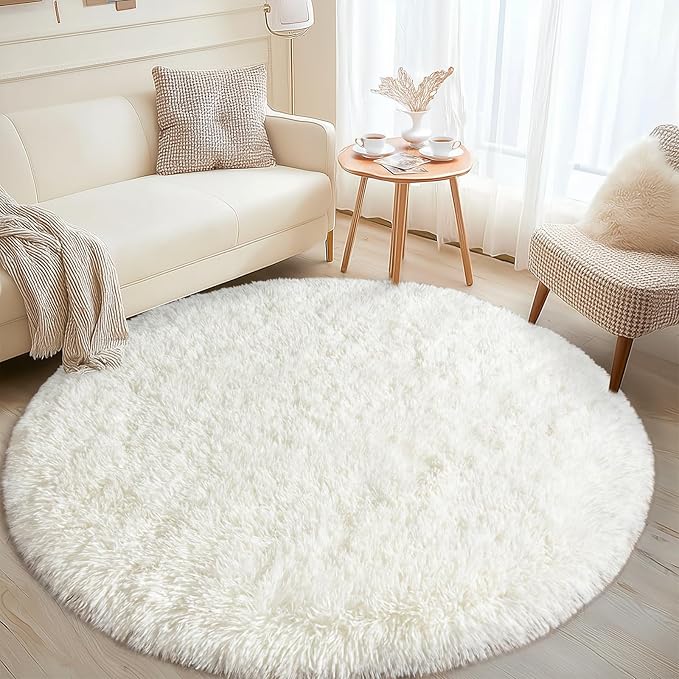 Round White Rug for Bedroom, 4 ft Circle Area Rugs for Living Room, Soft Fluffy Shag Carpet for Teen Girls Boys Nursery Room Dorm Home Decor Aesthetic
