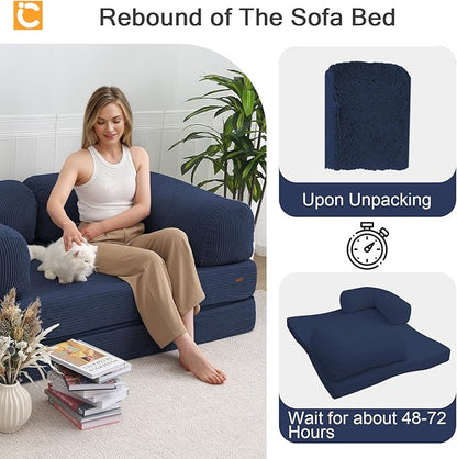 COMAX Futon Sofa Bed, 4-in-1 Floor Foldable Sofa Couch Bed Queen with L-Shaped Armrests, Convertible Folding Chair Bed Sleeper Mattress Fold Out Comfy Lounge for Living Room Bedroom, Dark Navy Blue
