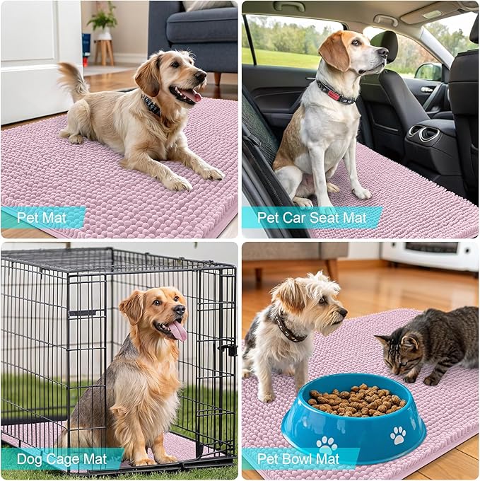 OLANLY Dog Door Mat for Muddy Paws 59x35, Absorbs Moisture and Dirt, Absorbent Non-Slip Washable Doormat, Quick Dry Chenille Mud Mat for Dogs, Entry Indoor Entryway Carpet for Inside Floor, Dusty Rose