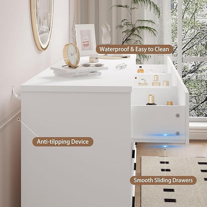 Dresser for Bedroom with 7 Drawer, Wood Modern Chest of Drawers with X-Shaped Sturdy Base, Wide Double Dresser Closet Clothes Storage Organizer, Wooden TV Stand for Living Room, Hallway, White