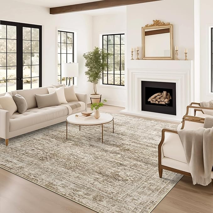 9x12 Area Rugs for Living Room, Non Slip Machine Washable Vintage Rugs, Low Pile Lightweight Large Rug for Bedroom, Dining Room, Home Office Brown