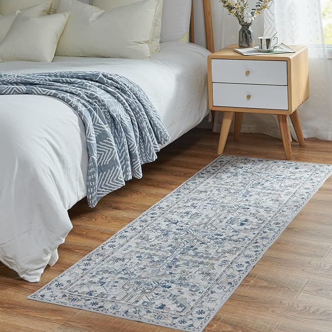 jinchan Lima Runner Rug 2x6 - Vintage Hallway Machine Washable Rug Floral Non Slip with Rubber Backing Ultra-Thin Carpet Runner for Kitchen Bedroom Laundry Room Farmhouse Entryway (2x6ft, Blue)