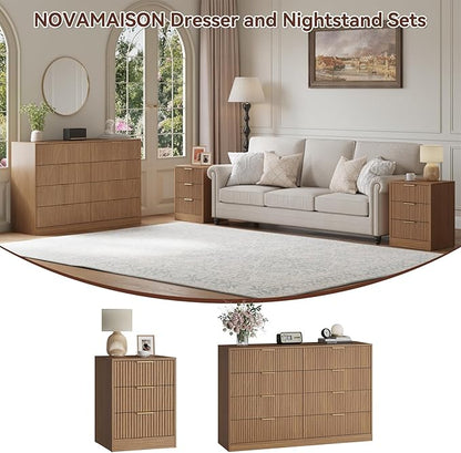 8 Drawer Dresser & 3 Drawer Nightstand Set 3-Piece, Tall Fluted Dresser and Night Stand Set of 2 w/Metal Handle, Modern Wood Chest of Drawers Storage Dressers Set for Bedroom, Natural Wood