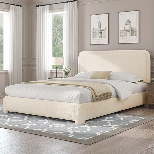 BarnFurin Full Size Bed Frame with Headboard, Cloud Boucle Upholstered Platform Bed Frame, Modern Style, Soft Rounded Corners, No Box Spring Required, Easy Assembly, Cream