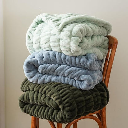 BATTILO HOME Olive Green Faux Fur Throw Blanket for Bed, Large Double Side Reversible Ruched Faux Rabbit Fur Throw for Couch, Bed, Super Soft Blanket Cozy Warm Mink Blanket, 60"x80"