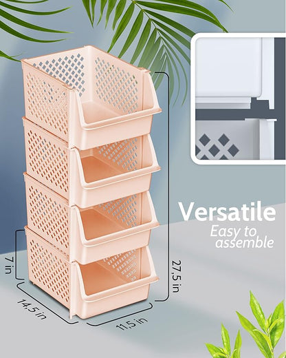 TidyFriend Stackable Storage Bins for Pantry, 4 Pack Stackable Bins For Organizing Food, Kitchen, and Bathroom Essentials (Cream)