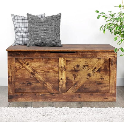 Timberer 39.4" Storage Chest, Wooden Storage Bench, Large Storage Trunk with 2 Safety Hinges, Entryway Shoes Bench for Living Room, Bedroom, Rustic Brown