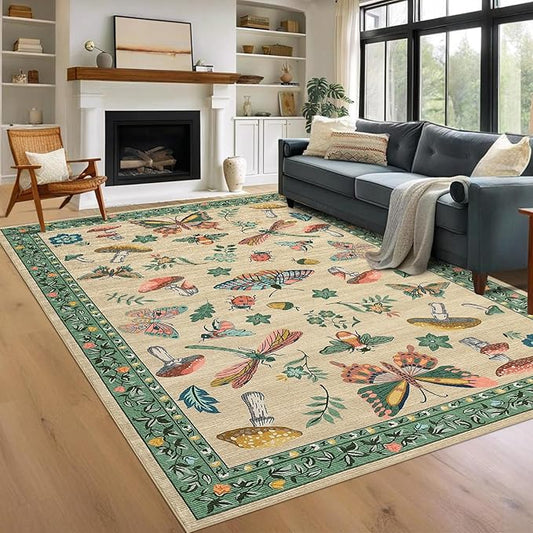 Mushroom 9x12 Rug for Living Room Non Slip Washable 9 X 12 Rug for Bedroom with Rubber Back Soft Low-Pile Stain Resistant Foldable Large Carpet for Nursery Dining Room Khaki Green